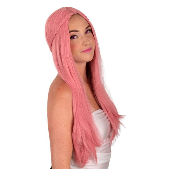 Pruik Eowyn roze met vlechten