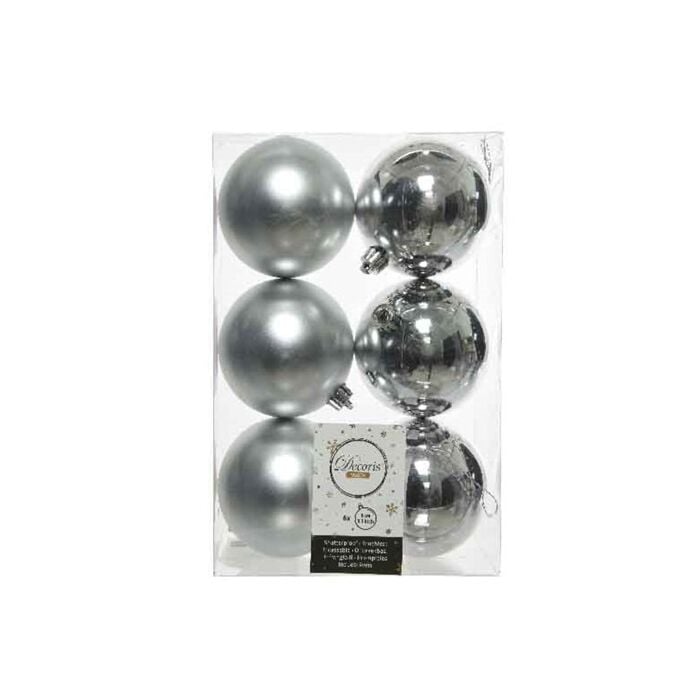 Shatterproof Plain Baubles Shiny-Matt Silver 6 pcs
