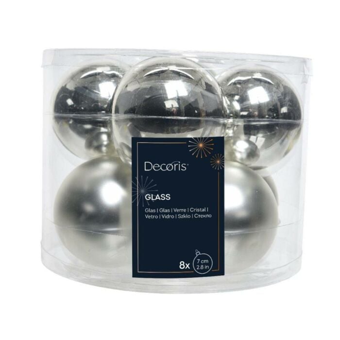 Kerstballen glas mix zilver Ø 7 cm set van 8 - Decoris