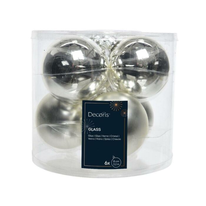 Kerstballen glas mix zilver Ø 8 cm set van 6 - Decoris