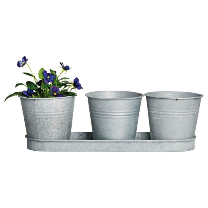 Set van 3 potten op tray zink L 34,5 cm