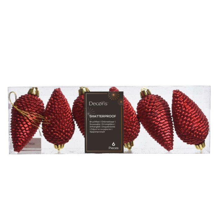 Dennenappel kerstrood glitter kunststof 4,5 cm set van 6 - Decoris Dennenappel kerstrood glitter kunststof 4,5 cm set van 6 - Decoris