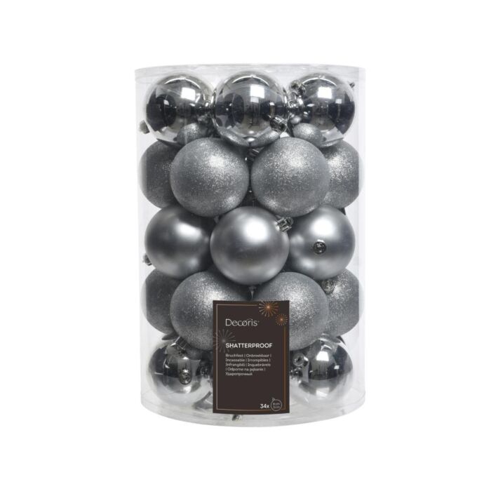 Kerstballen Shiny-Matt-Glitter Ø8 cm Silver set van 34 Kerstballen Shiny-Matt-Glitter Ø8 cm Silver set van 34