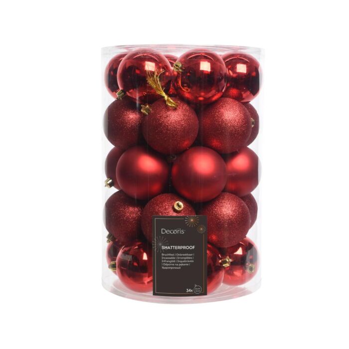 Kerstballen Shiny-Matt-Glitter Ø8 cm Christmas red set van 34 Kerstballen Shiny-Matt-Glitter Ø8 cm Christmas red set van 34