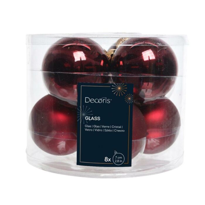 Kerstballen glas mix ossenbloed rood Ø 7 cm set van 8 - Decoris Kerstballen glas mix ossenbloed rood Ø 7 cm set van 8 - Decoris