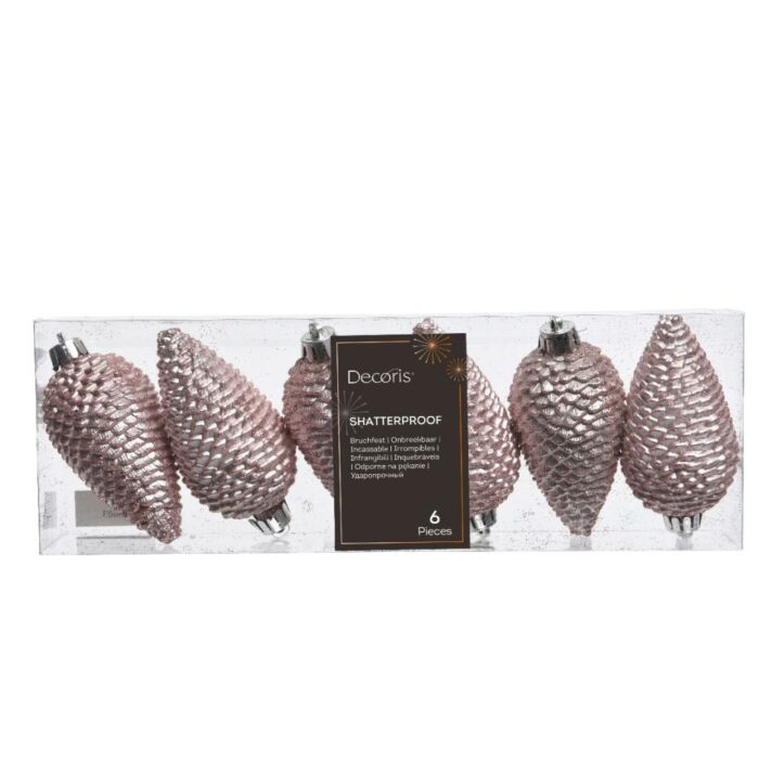 Dennenappel poederroze glitter kunststof 4,5 cm set van 6 - Decoris