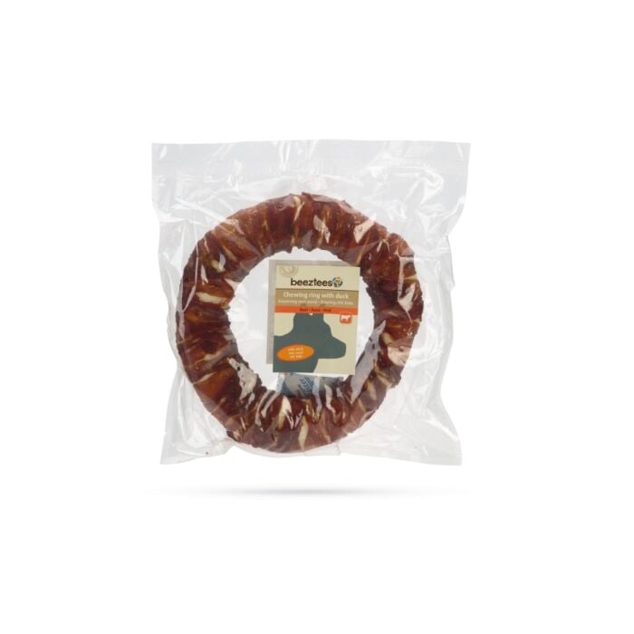 Hondensnack runderhuid ring met eend 1x 19 cm