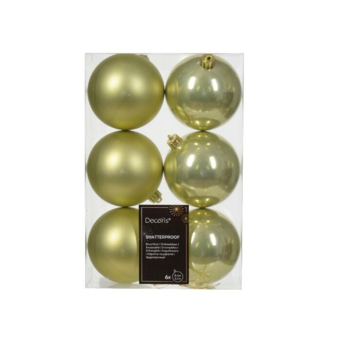 Kerstballen pistache groen kunststof mix Ø 8 cm set van 6 - Decoris Kerstballen pistache groen kunststof mix Ø 8 cm set van 6 - Decoris