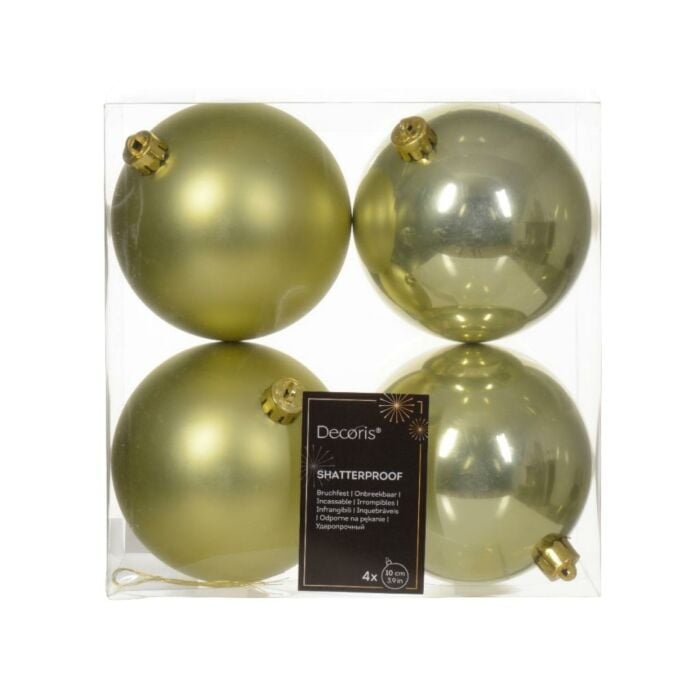 Kerstballen pistache groen kunststof mix Ø 10 cm set van 4 - Decoris Kerstballen pistache groen kunststof mix Ø 10 cm set van 4 - Decoris