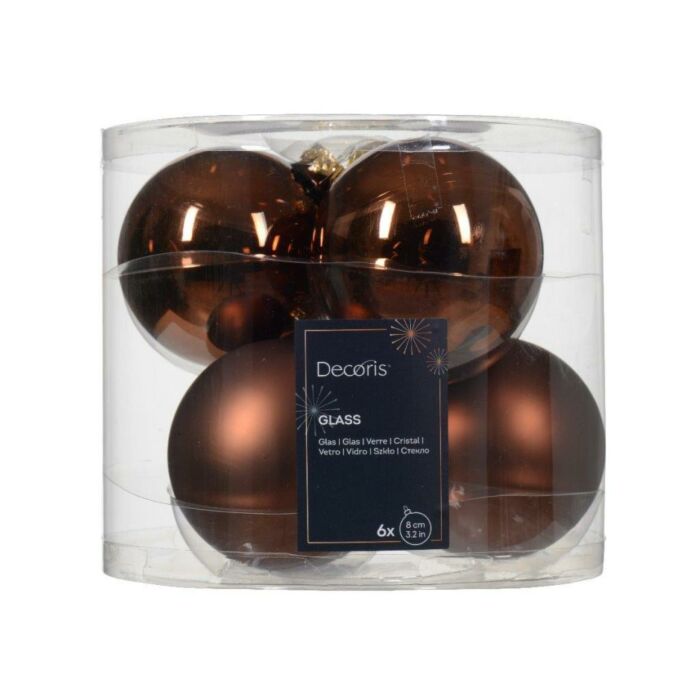 Kerstballen glas mix espresso bruin Ø 8 cm set van 6 - Decoris Kerstballen glas mix espresso bruin Ø 8 cm set van 6 - Decoris
