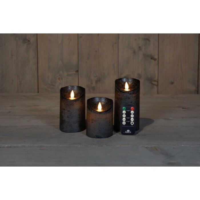 LED-kaars rustiek bewegende vlam antraciet set van 3 - Anna's Collection LED-kaars rustiek bewegende vlam antraciet set van 3 - Anna's Collection