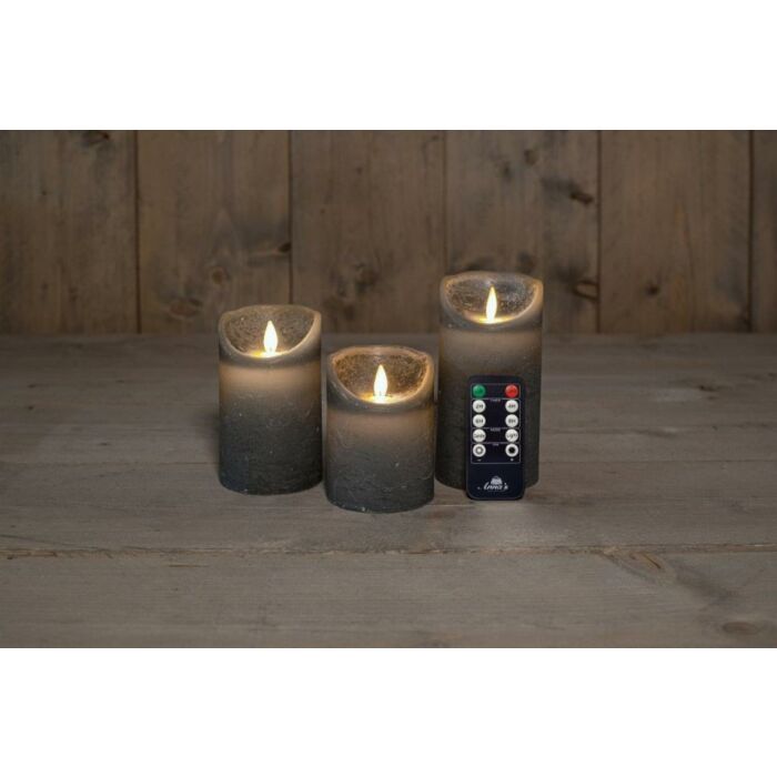 LED-kaars rustiek bewegende vlam grijs set van 3 - Anna's Collection