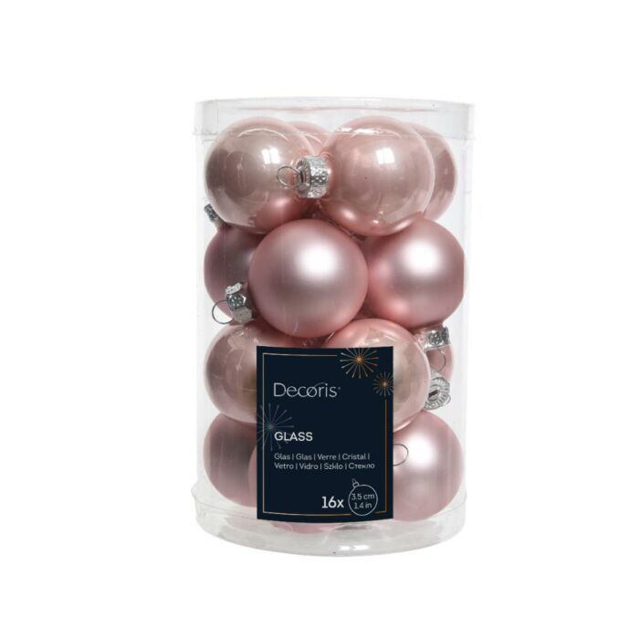 Kerstballen glas poederroze 3,5 cm set van 16 - Decoris