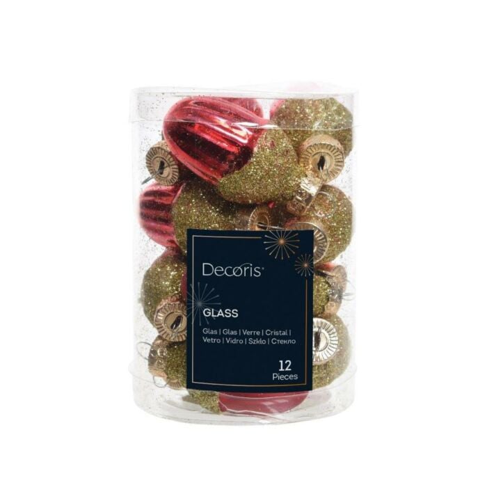 Hanger eikel glas kerstrood 4 cm set van 12 - Decoris