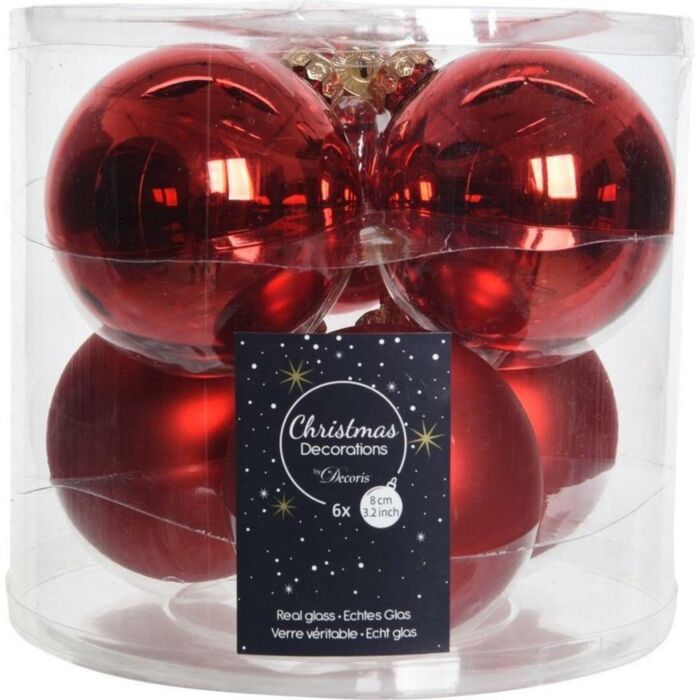 Kerstbal glas d8cm mix kerstrood 6st