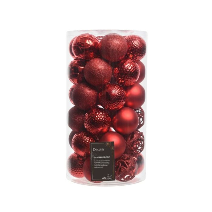 Kerstballen mix rood kunststof Ø 6 cm set van 37 - Decoris