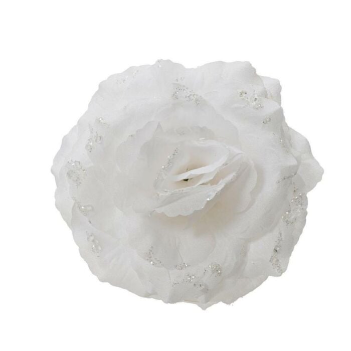 Roos op clip polyester glitters wit 8,5 cm Roos op clip polyester glitters wit 8,5 cm