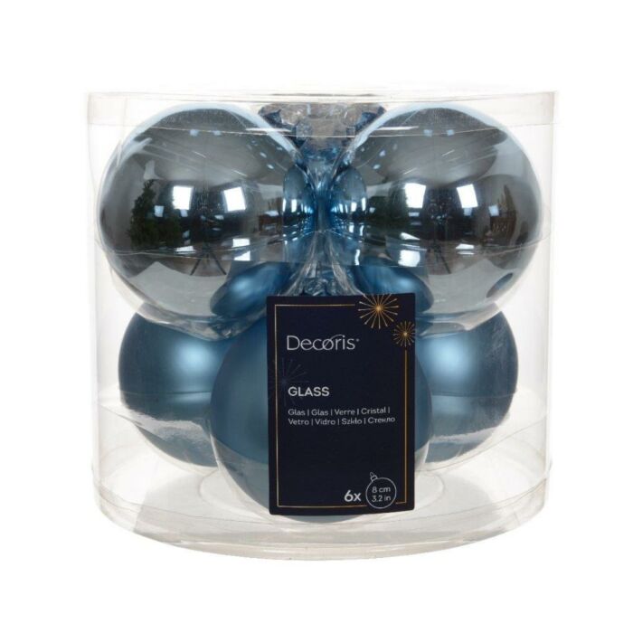 Kerstballen glas mix ijsblauw Ø 8 cm set van 6 - Decoris