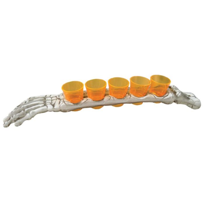 Skeletarm met 5 oranje shotglaasjes 37 ml 49 x 9 x 7 cm Skeletarm met 5 oranje shotglaasjes 37 ml 49 x 9 x 7 cm