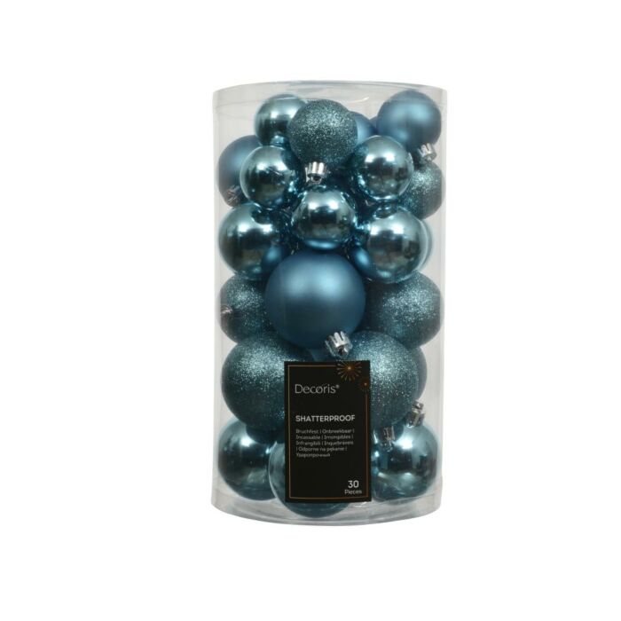 Kerstballen mix folk blue kunststof Ø 6 cm set van 30 - Decoris Kerstballen mix folk blue kunststof Ø 6 cm set van 30 - Decoris