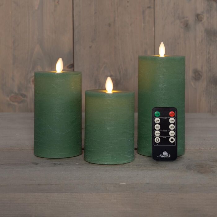 Stompkaars rustiek wax LED oplaadbaar jade groen set van 3 - Anna's Collection Stompkaars rustiek wax LED oplaadbaar jade groen set van 3 - Anna's Collection