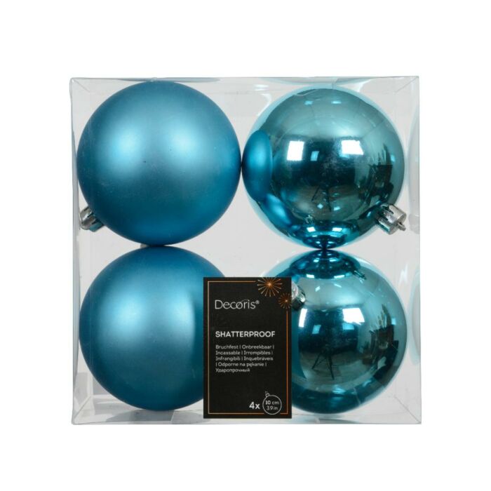 Kerstballen folk blue kunststof Ø 10 cm set van 4 - Decoris Kerstballen folk blue kunststof Ø 10 cm set van 4 - Decoris