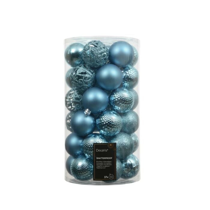 Kerstballen mix folk blue kunststof Ø 6 cm set van 37 - Decoris Kerstballen mix folk blue kunststof Ø 6 cm set van 37 - Decoris