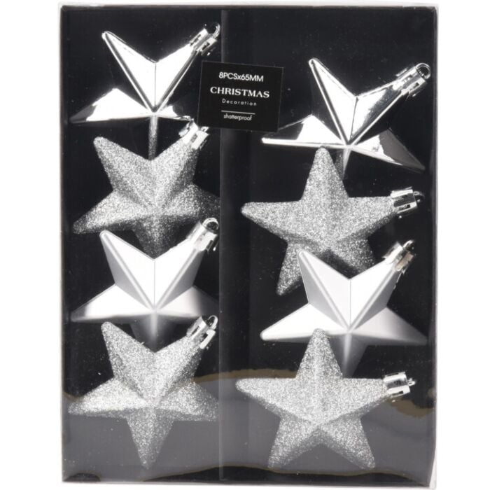 Ster hangdeco zilver 6,5 cm set van 8 