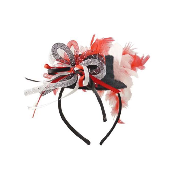 Haarband hart met minihoed strik en veren