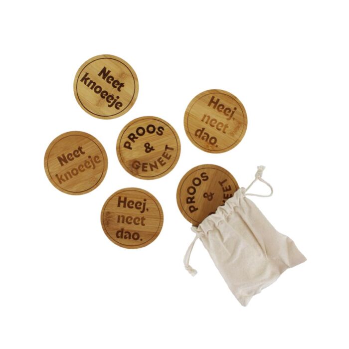 Onderzetters hout met tekst set van 6 - StreekKado 