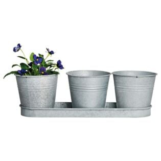 Set van 3 potten op tray zink L 34,5 cm
