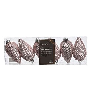Dennenappel poederroze glitter kunststof 4,5 cm set van 6 - Decoris