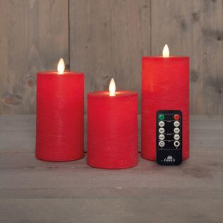 Stompkaars rustiek wax LED oplaadbaar rood set van 3 - Anna's Collection