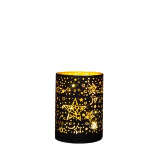 Glazen cilinder met sterren zwart/goud 12 cm - Anna&rsquo;s Collection