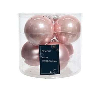 Kerstballen glas mix poeder roze Ø 8 cm set van 6 - Decoris