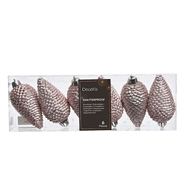 Dennenappel poederroze glitter kunststof 4,5 cm set van 6 - Decoris