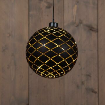 Kersthanger bal glas diamant patroon 10LED zwart Ø 15 cm - Anna's Collection