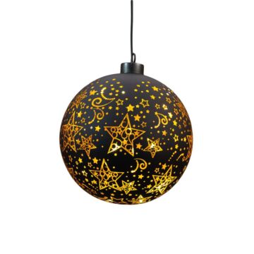 Kersthanger bal glas met sterren zwart/goud 15 cm - Anna’s Collection
